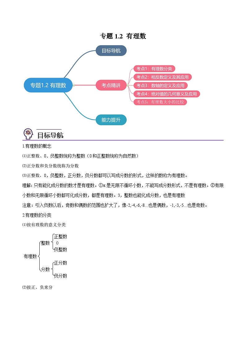 人教版七年级数学上册同步精品讲义 专题1.2 有理数(原卷版)第1页
