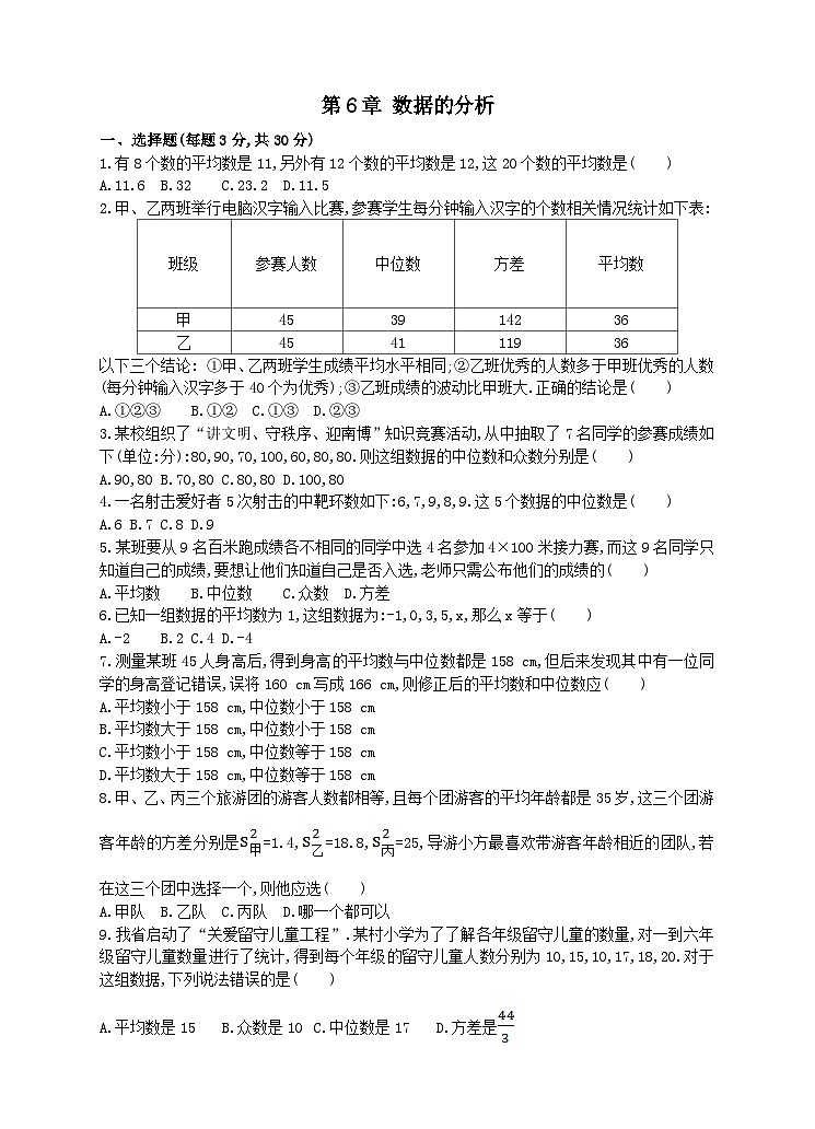 七年级数学下册第6章数据的分析单元测试卷(附答案湘教版七下)01