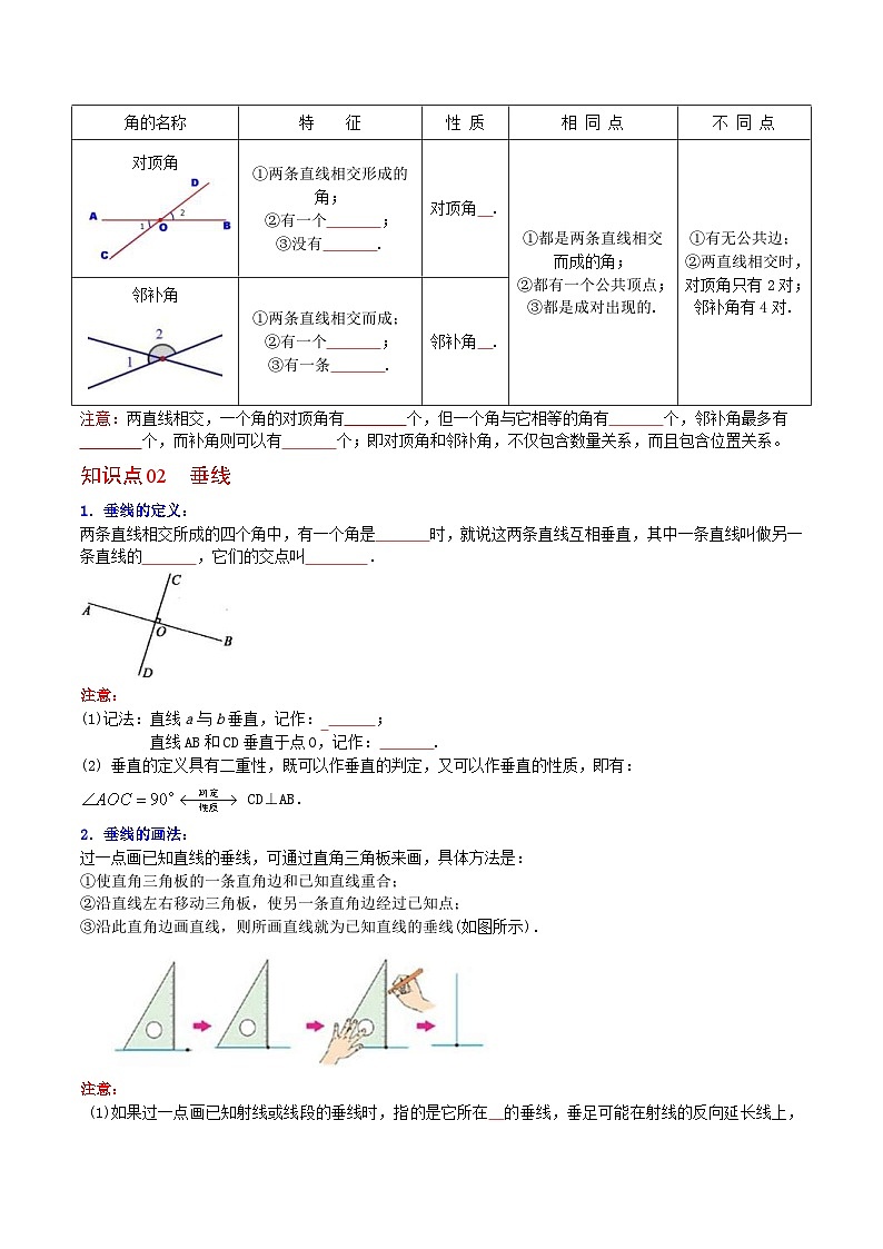 人教版七年级数学下册讲测练 第01课 相交线,垂线(2份打包,原卷版+教师版)02