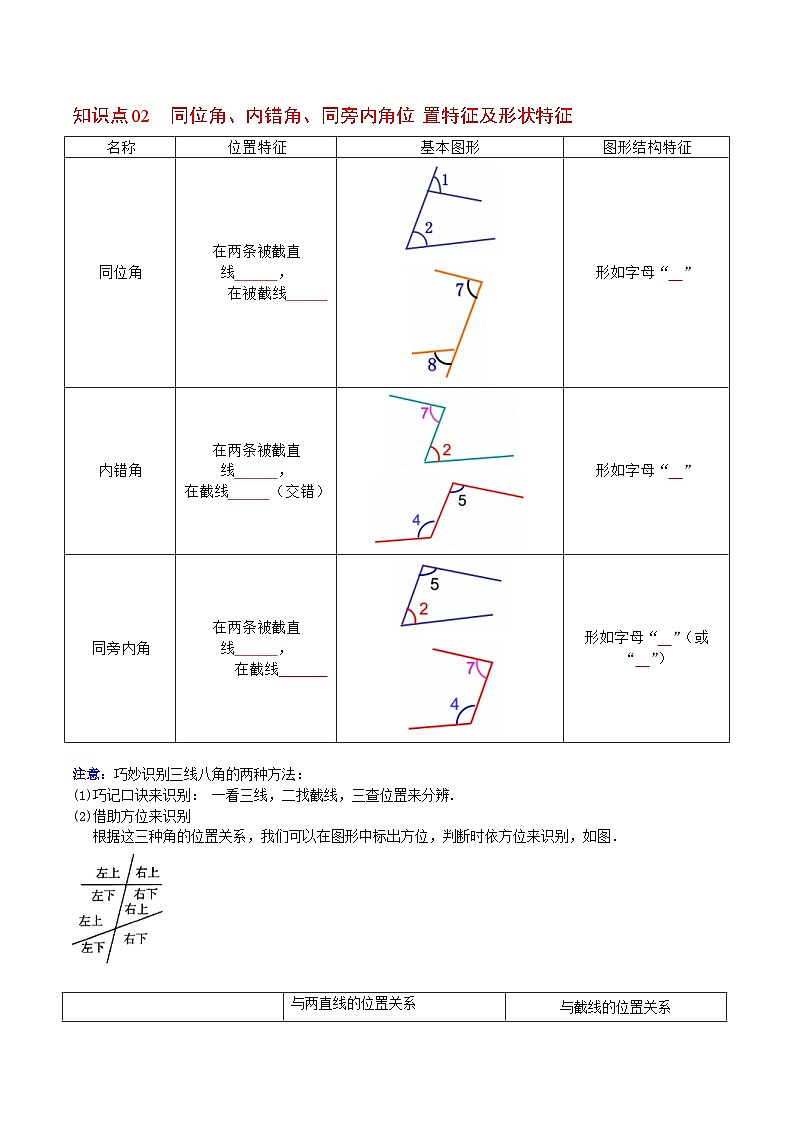 人教版七年级数学下册讲测练 第02课 同位角、内错角、同旁内角(2份打包,原卷版+教师版)02