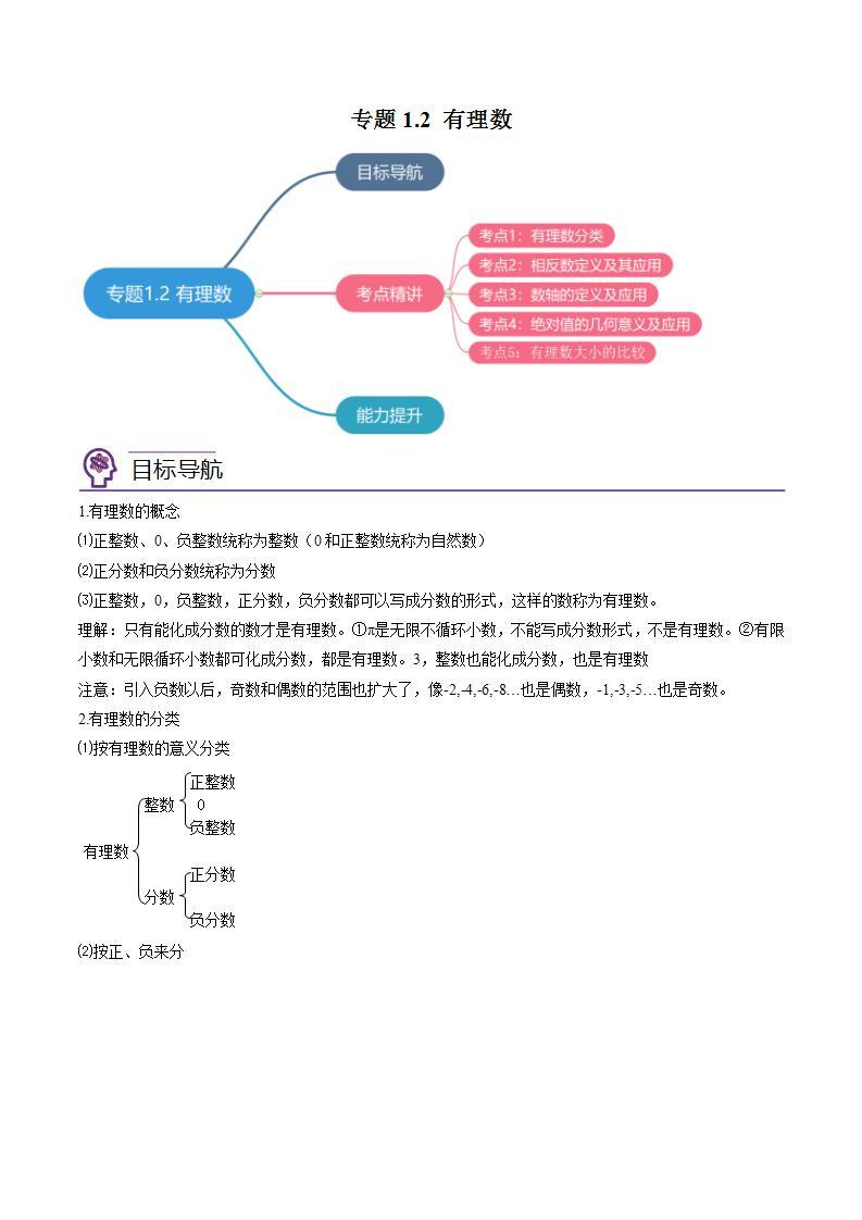 七年级数学（人教版）上册同步试卷 专题1.2 有理数01