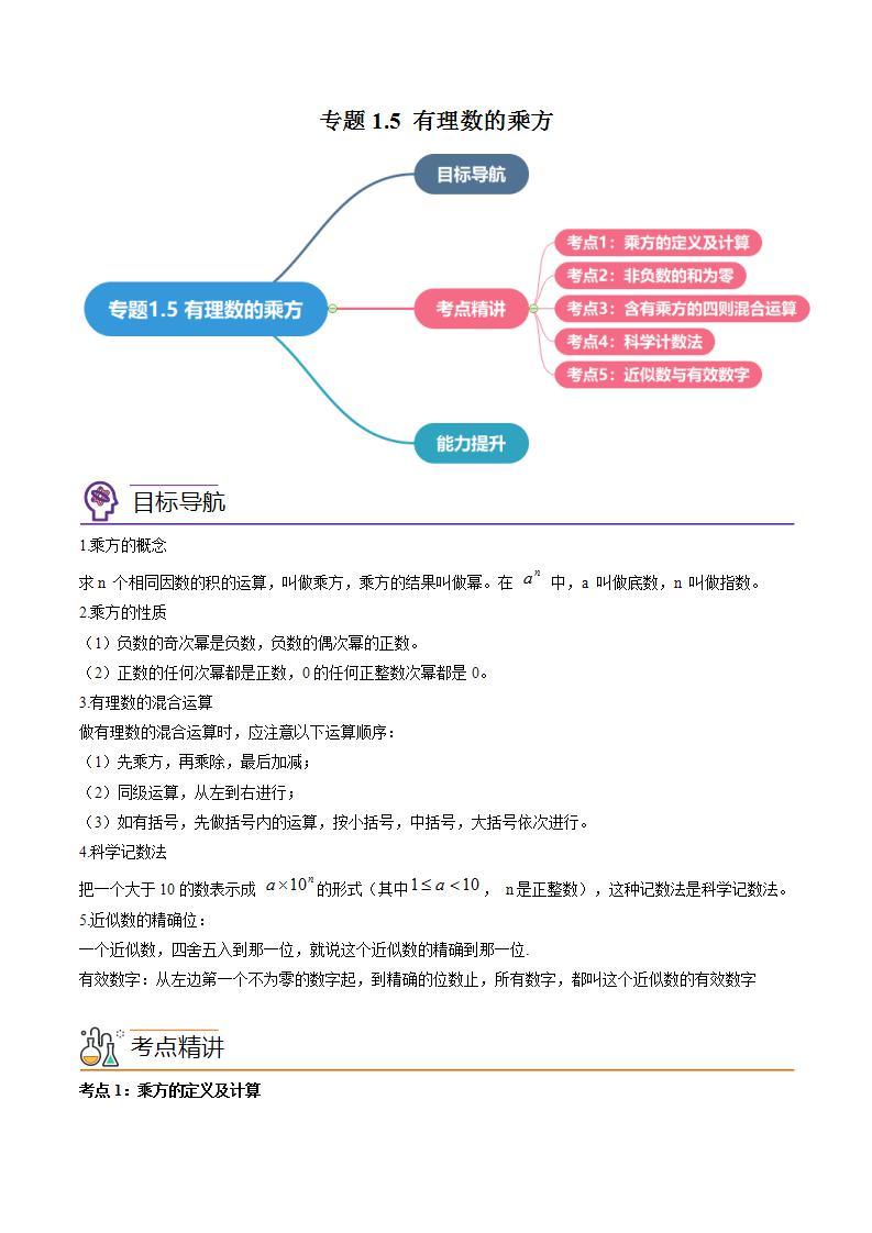 七年级数学（人教版）上册同步试卷 专题1.5 有理数的乘方01