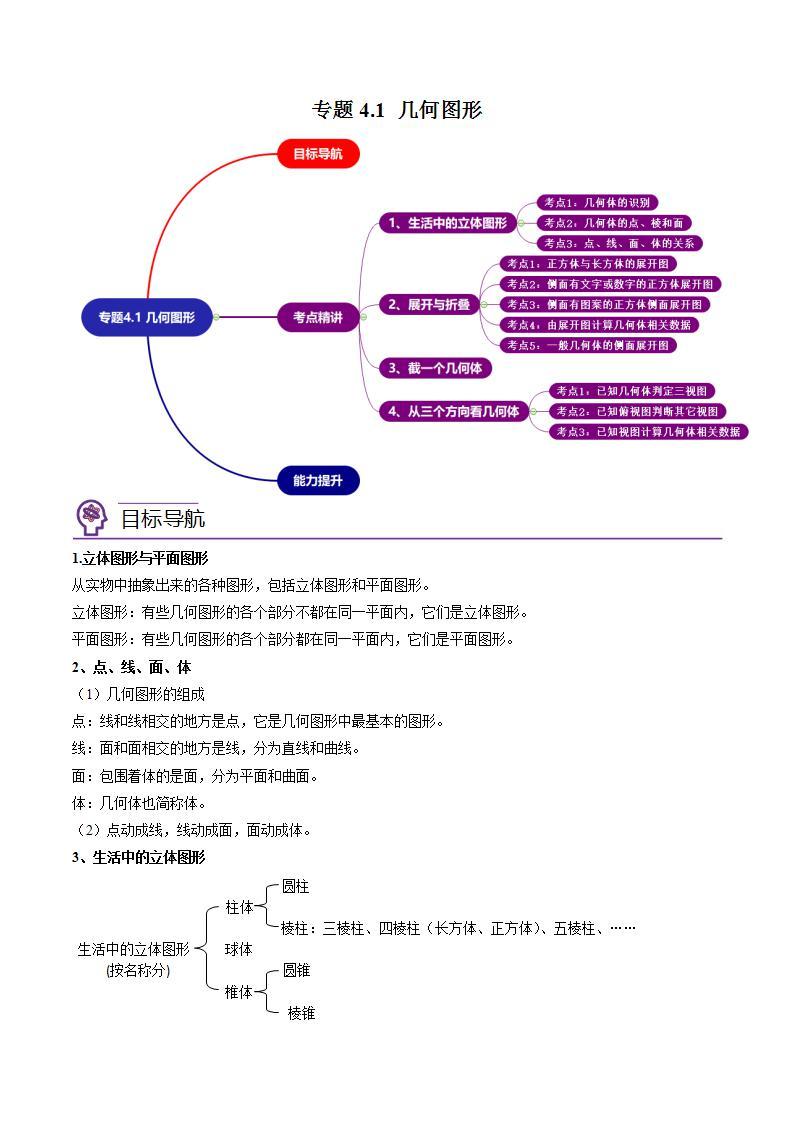 七年级数学（人教版）上册同步试卷 专题4.1 几何图形01