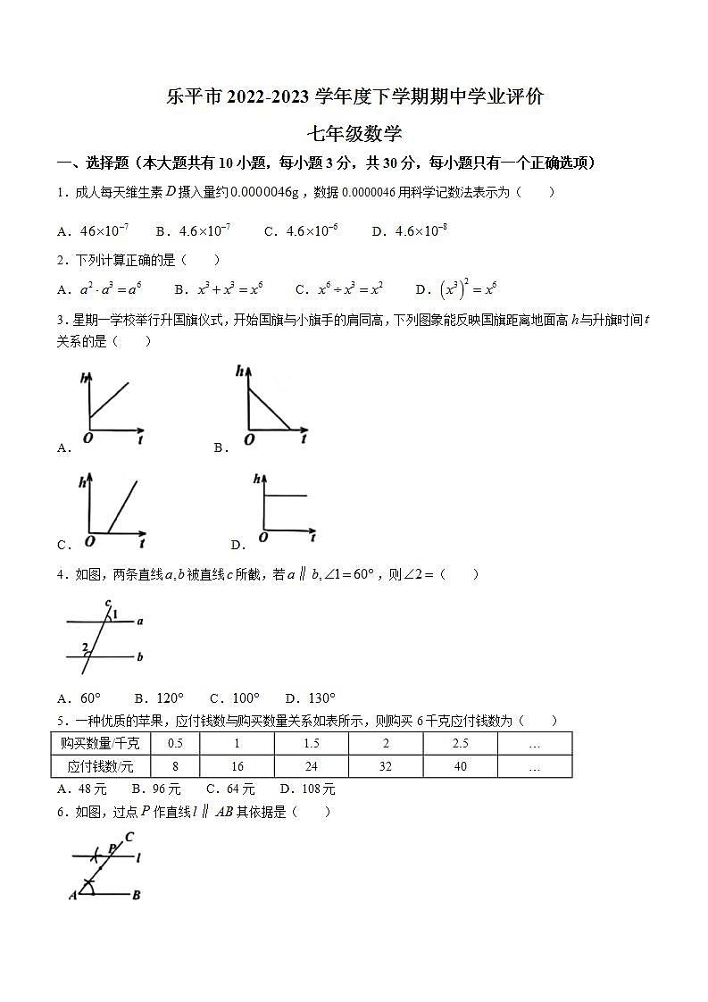 江西省景德镇市乐平市2022-2023学年七年级下学期期中数学试题第1页