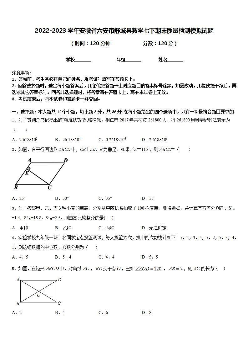 2022-2023学年安徽省六安市舒城县数学七下期末质量检测模拟试题含答案第1页