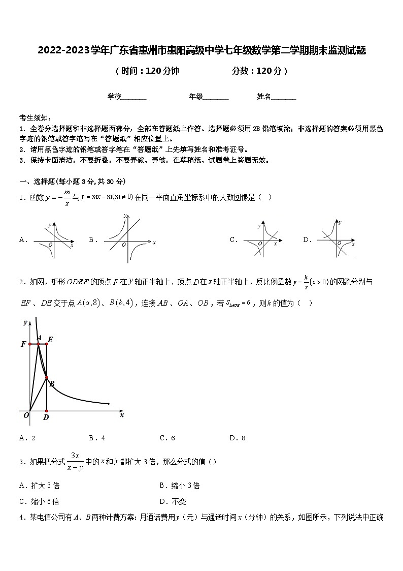 2022-2023学年广东省惠州市惠阳高级中学七年级数学第二学期期末监测试题含答案第1页