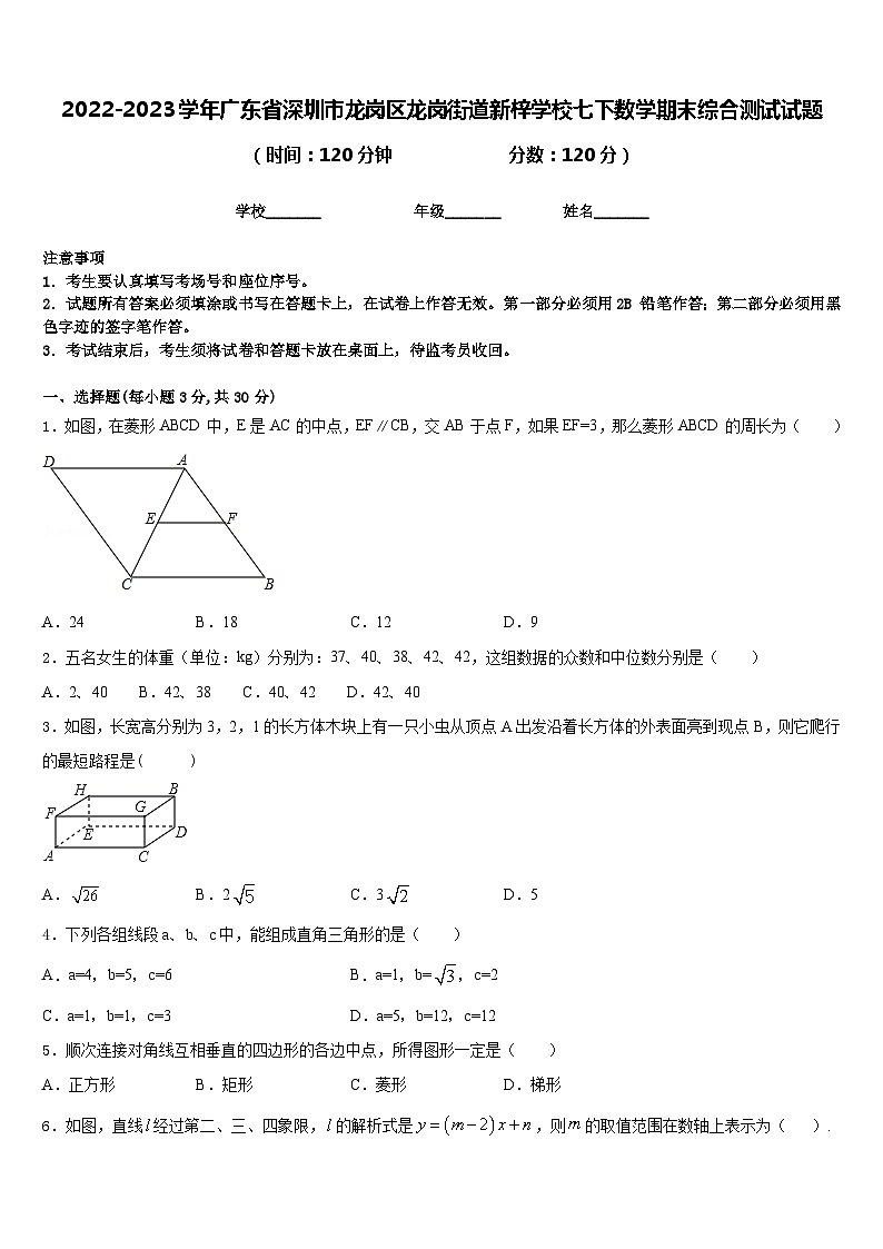 2022-2023学年广东省深圳市龙岗区龙岗街道新梓学校七下数学期末综合测试试题含答案第1页