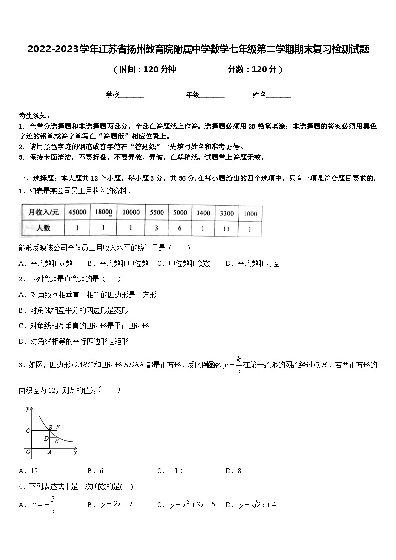 2022-2023学年江苏省扬州教育院附属中学数学七年级第二学期期末复习检测试题含答案第1页