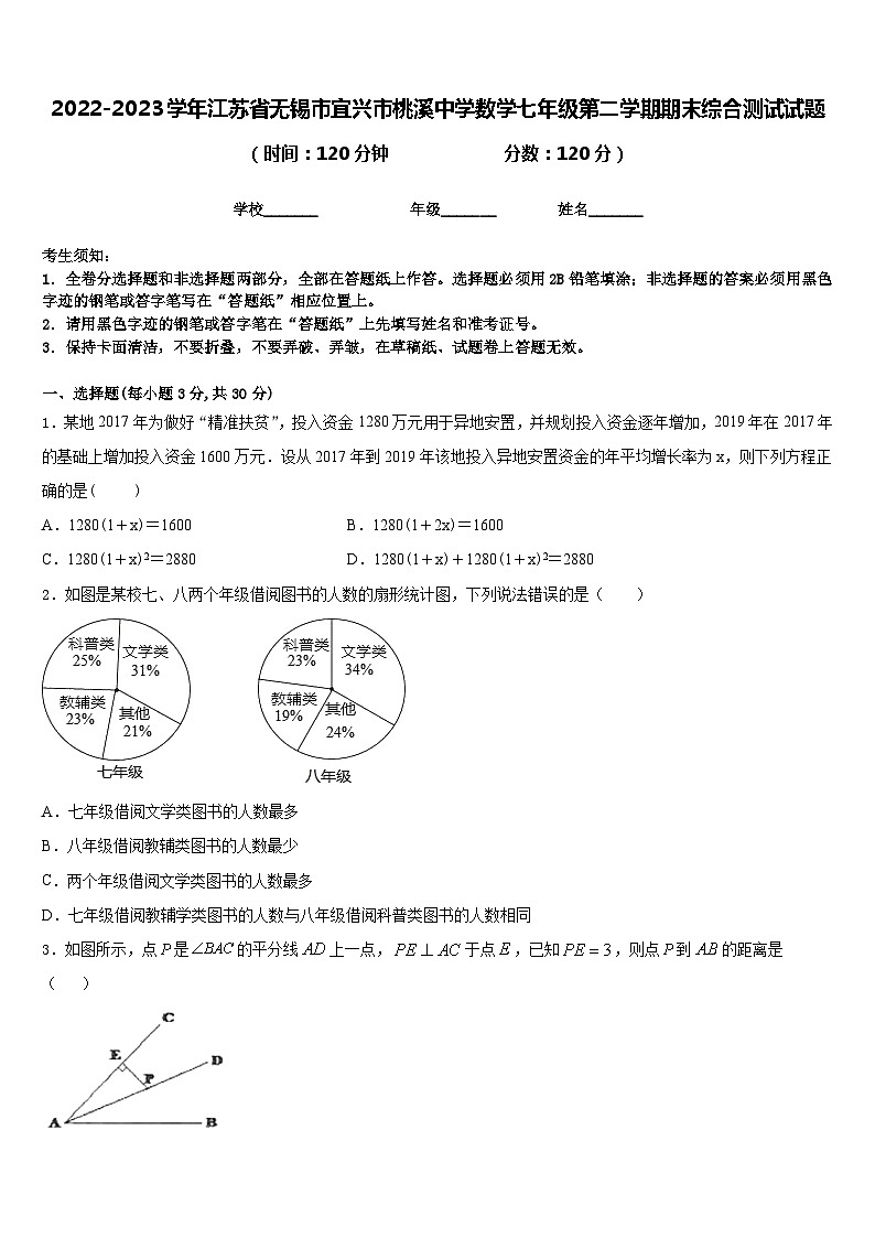 2022-2023学年江苏省无锡市宜兴市桃溪中学数学七年级第二学期期末综合测试试题含答案第1页