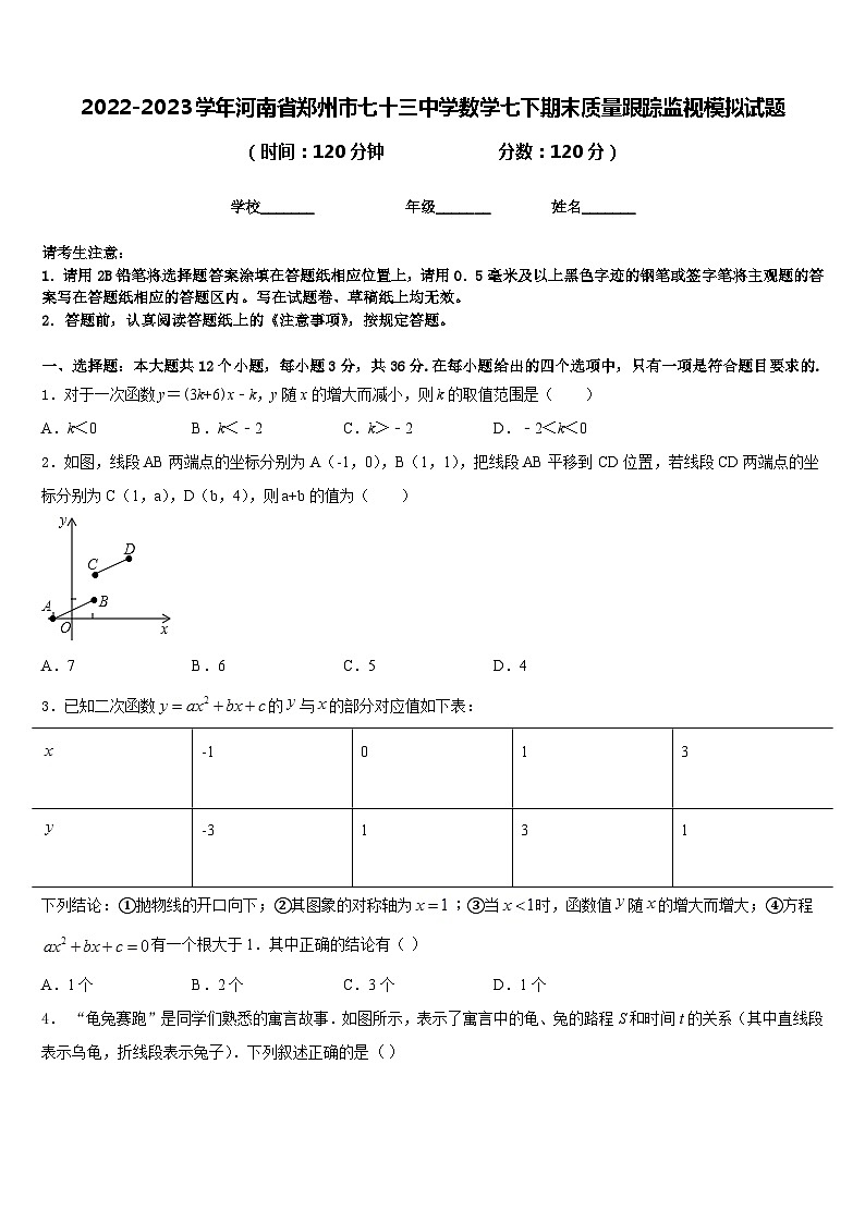 2022-2023学年河南省郑州市七十三中学数学七下期末质量跟踪监视模拟试题含答案01