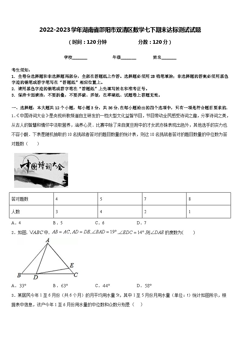 2022-2023学年湖南省邵阳市双清区数学七下期末达标测试试题含答案第1页