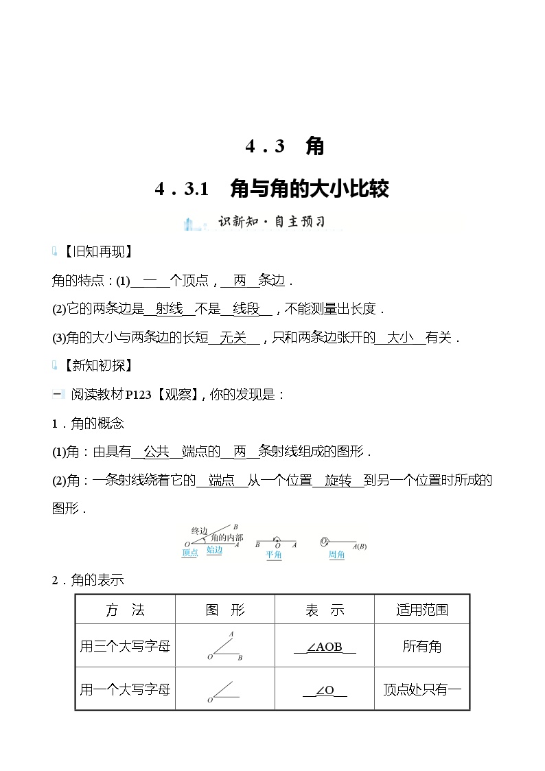 初中数学湘教版七年级上册4.3.1角与角的大小比较优秀学案