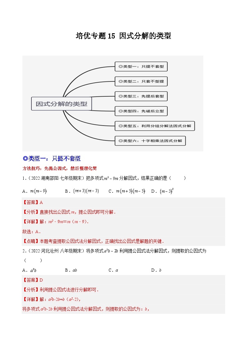 培优专题15 因式分解的类型-2023-2024学年八年级数学上册精选专题培优讲与练（人教版）01