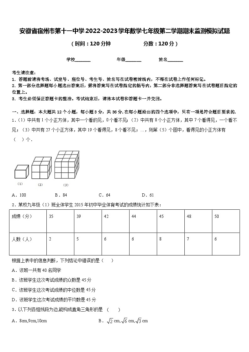 安徽省宿州市第十一中学2022-2023学年数学七年级第二学期期末监测模拟试题含答案第1页