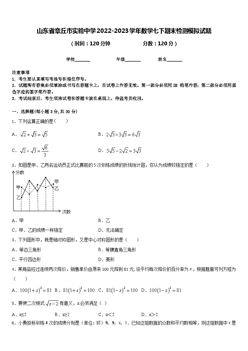山东省章丘市实验中学2022-2023学年数学七下期末检测模拟试题含答案第1页