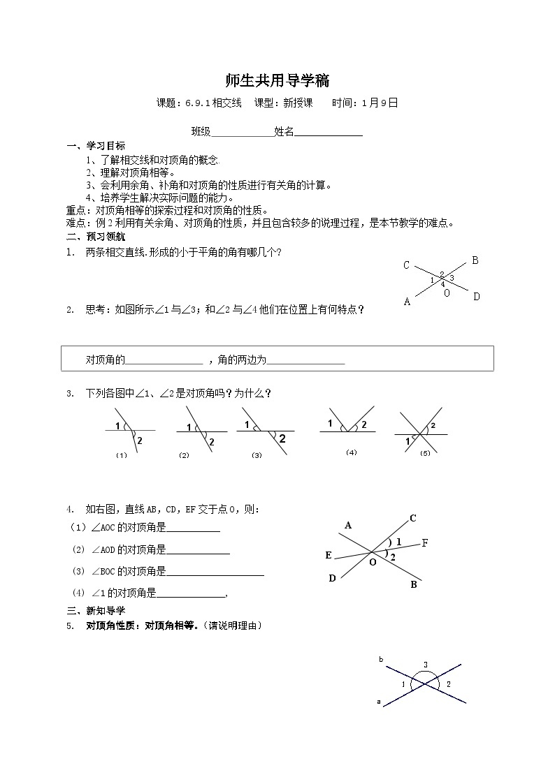 浙教版 初中数学 七年级上册 6.9 相交线 导学稿（2课时，无答案） 试卷01