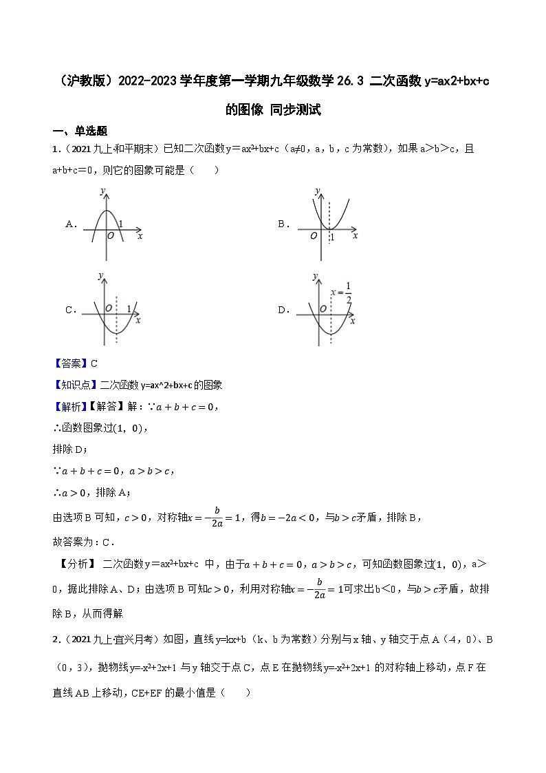 (沪教版)2022-2023学年度第一学期九年级数学26.3 二次函数y=ax2+bx+c的图像 同步测试(教师版)第1页