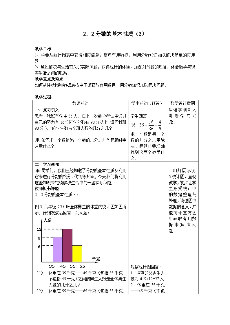 沪教版（五四学制）初中数学 六年级上册2.2分数的基本性质（3）教案（表格式）01