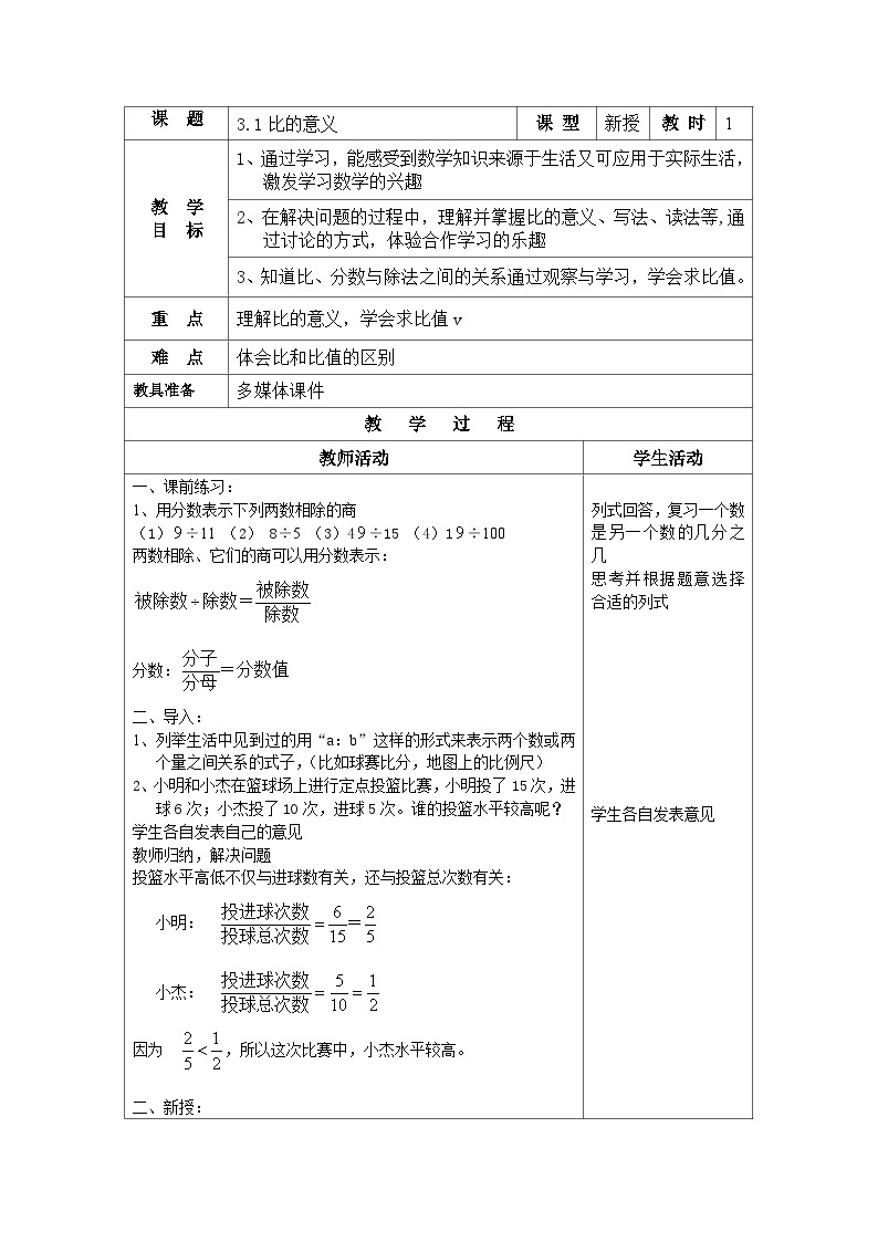 沪教版（五四学制）初中数学 六年级上册3.1比的意义  教案（表格式）01