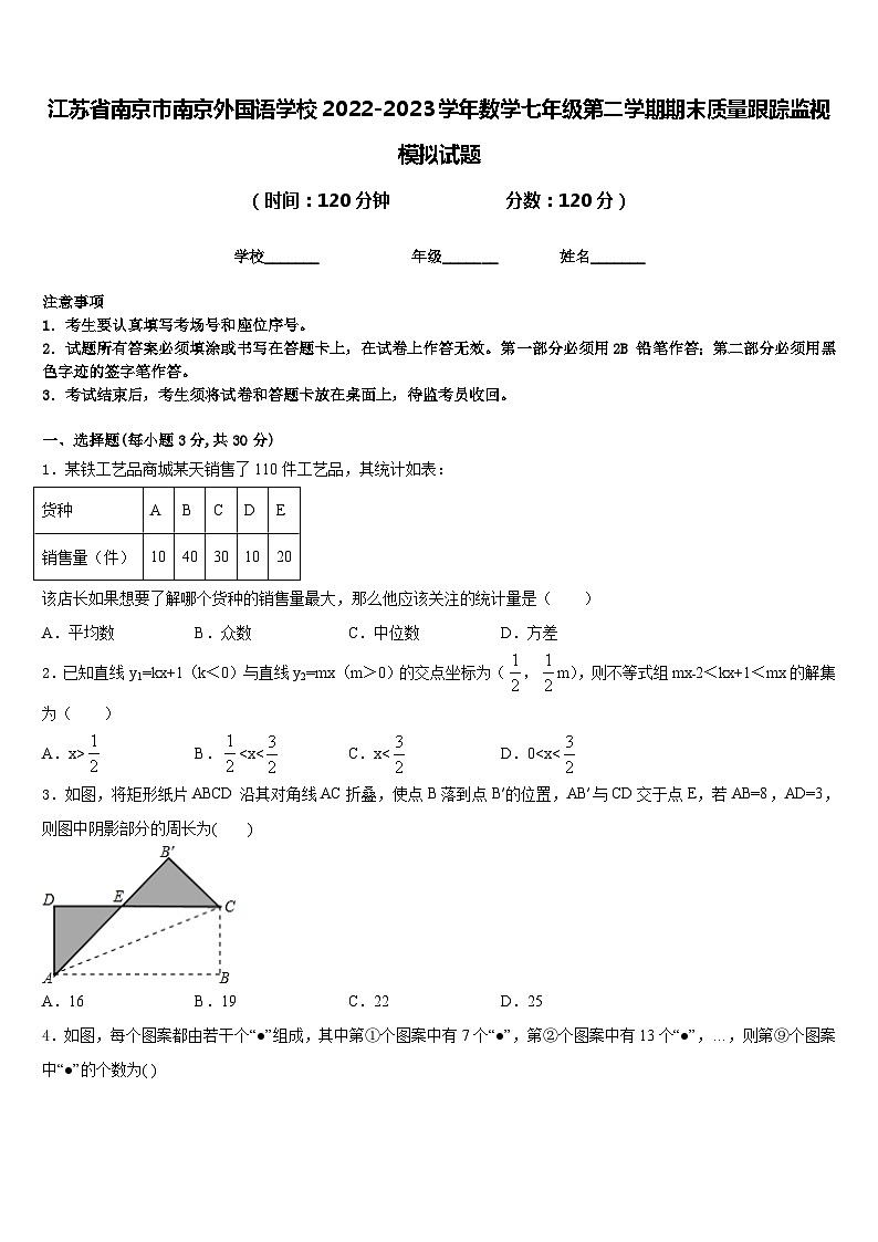 江蘇省南京市南京外國(guó)語(yǔ)學(xué)校2022-2023學(xué)年數(shù)學(xué)七年級(jí)第二學(xué)期期末質(zhì)量跟蹤監(jiān)視模擬試題含答案第1頁(yè)
