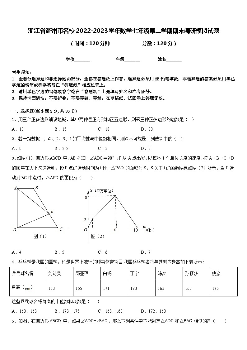 浙江省衢州市名校2022-2023学年数学七年级第二学期期末调研模拟试题含答案01