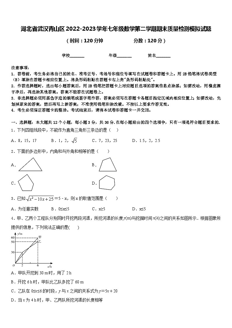 湖北省武汉青山区2022-2023学年七年级数学第二学期期末质量检测模拟试题含答案第1页