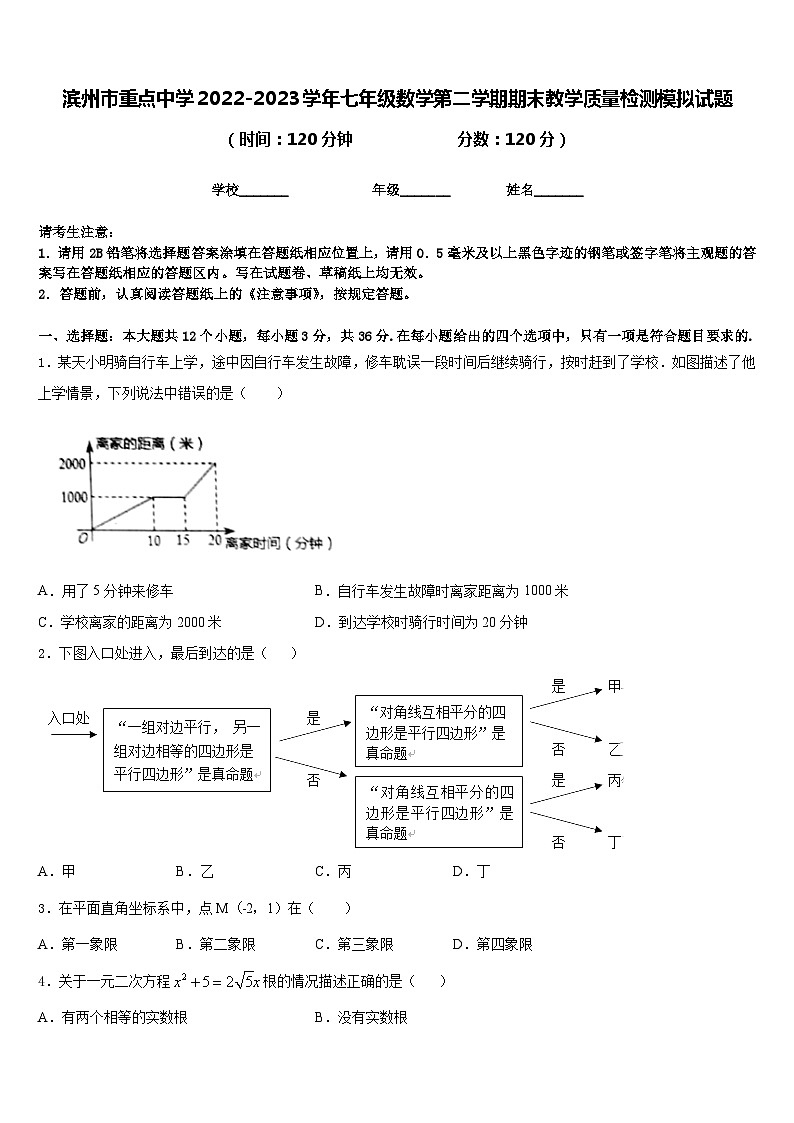 滨州市重点中学2022-2023学年七年级数学第二学期期末教学质量检测模拟试题含答案第1页