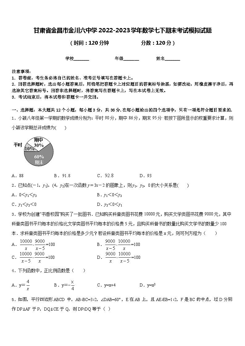 甘肃省金昌市金川六中学2022-2023学年数学七下期末考试模拟试题含答案第1页