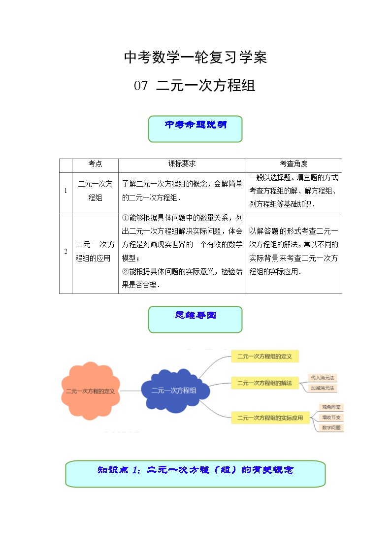 中考数学专题07 二元一次方程组（学案含解析）