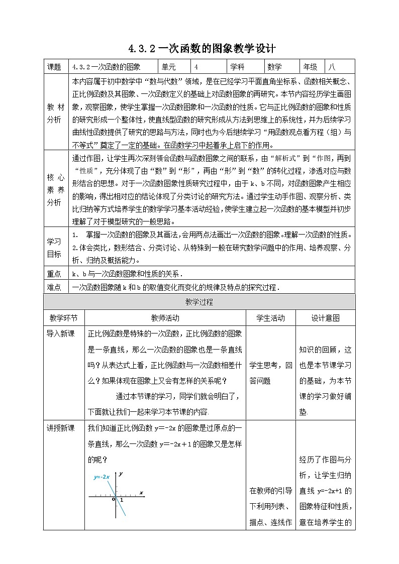 【核心素养】4.3.2一次函数的图象 教案-北师大版数学八年级上册01