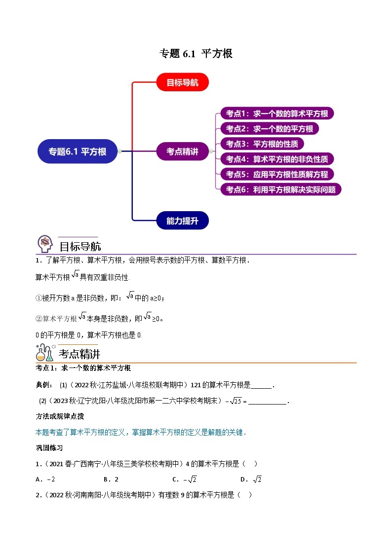 【同步讲义】人教版数学七年级下册：专题6.1 平方根（6大考点精讲）讲义01