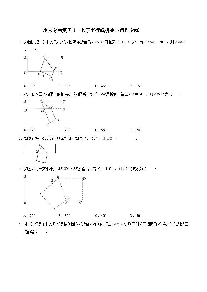 【重难点讲义】浙教版数学七年级下册-期末专项复习1 七下平行线折叠型问题专练01
