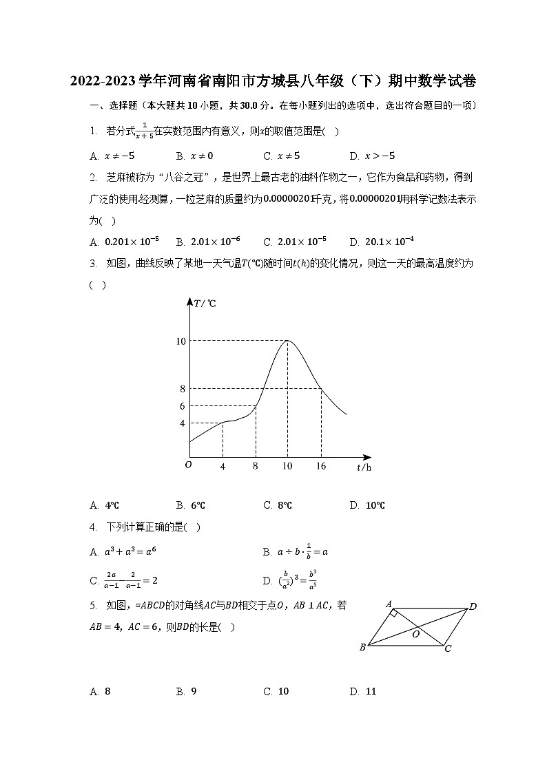 2022-2023学年河南省南阳市方城县八年级(下)期中数学试卷(含解析)第1页