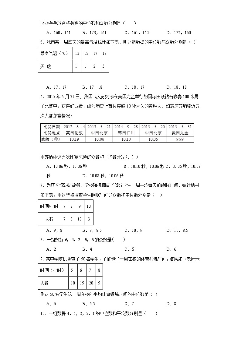3.2中位数与众数同步练习-鲁教版（五四制）初中数学八年级上册02