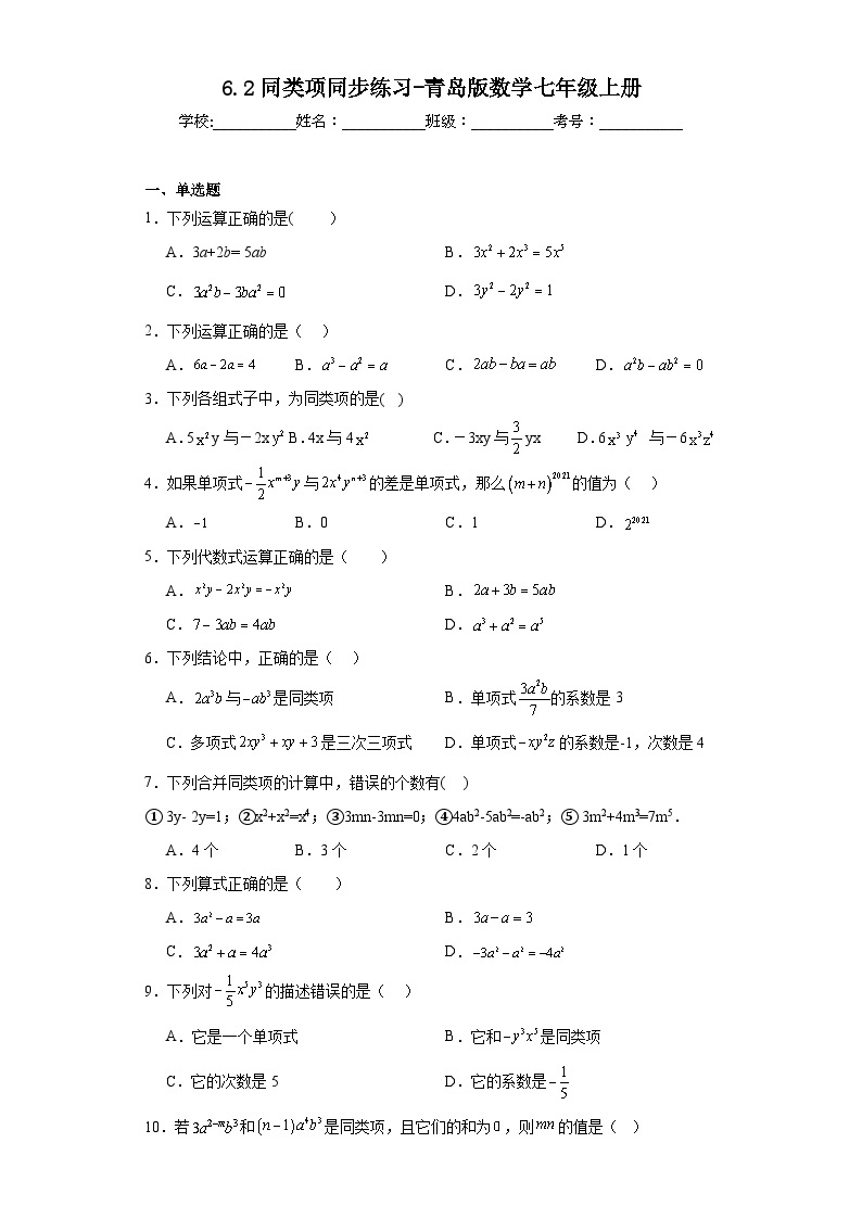 6.2同类项同步练习-青岛版数学七年级上册01