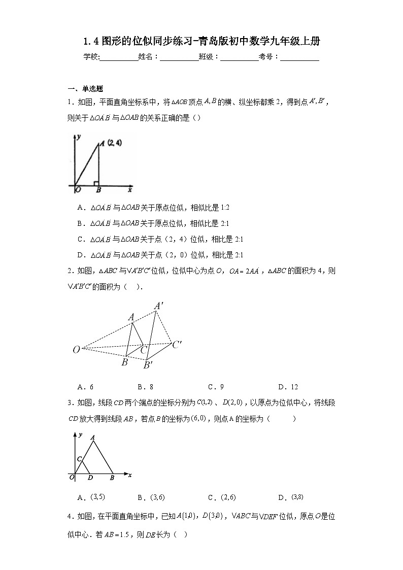 1.4图形的位似同步练习-青岛版初中数学九年级上册01