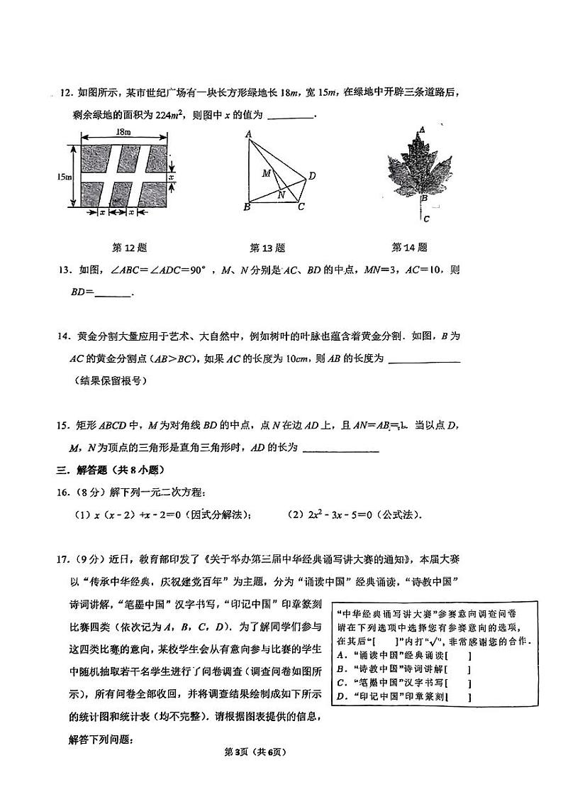 河南省实验中学2023-2024学年九年级上学期开学考试数学试卷第3页