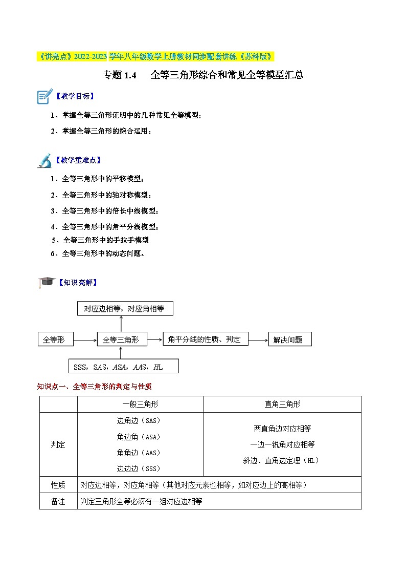 专题1.4 全等三角形综合和常见全等模型汇总-《讲亮点》2022-2023学年八年级数学上册教材同步配套讲练(苏科版)(解析版)第1页