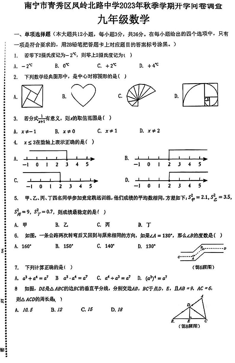 广西南宁青秀区凤岭北路中学2023—2024学年上学期开学考九年级数学试卷第1页