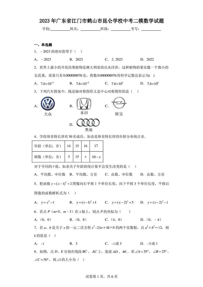 2023年广东省江门市鹤山市昆仑学校中考二模数学试题第1页