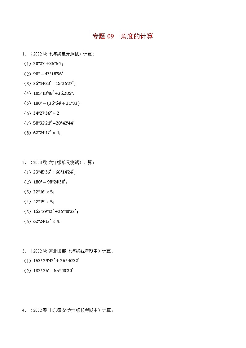 专题09 角度的计算(计算题专项训练)(沪科版)(原卷版)01