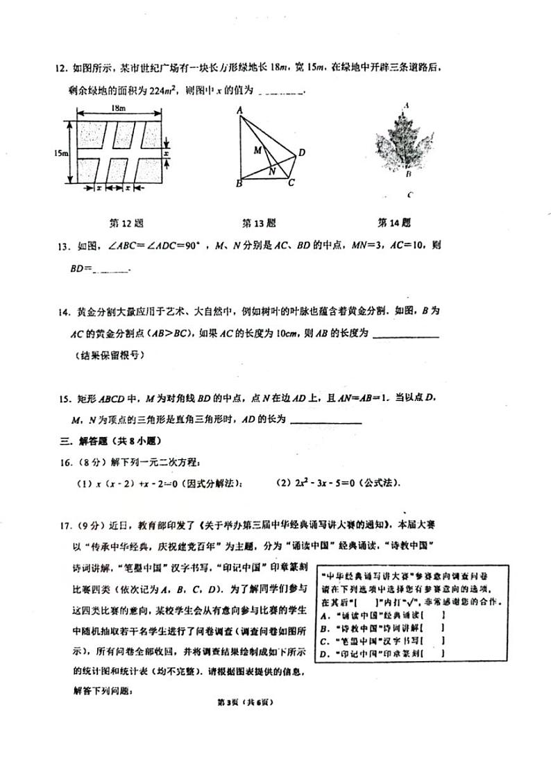 2023-2024学年河南省实验中学九年级上学期开学考数学试卷及答案第3页