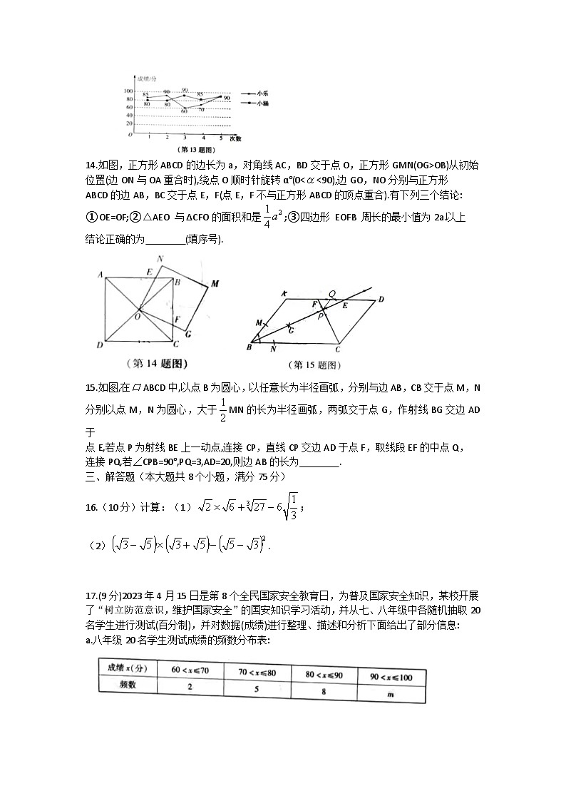 河南省新乡市铁路高级中学2022-2023学年八年级下学期期末数学试卷(人教版)第3页
