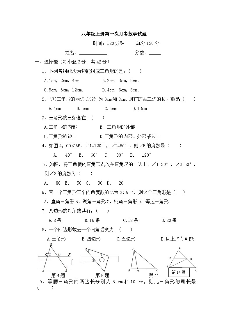 八年级上册第一次月考数学试题第1页