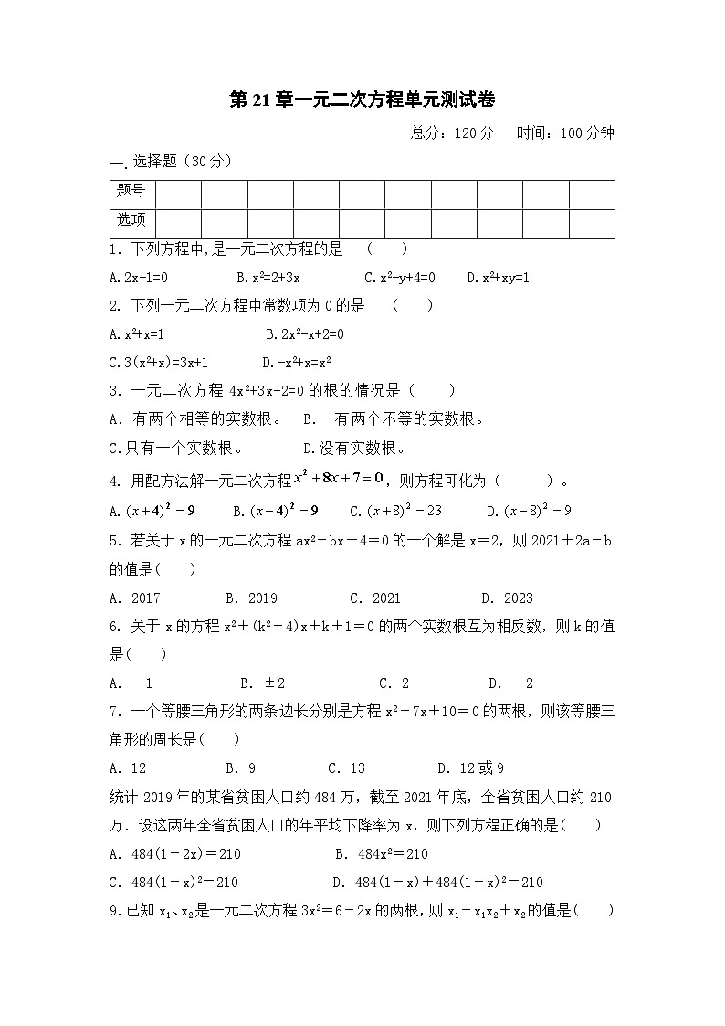 第21章一元二次方程单元测试卷第1页