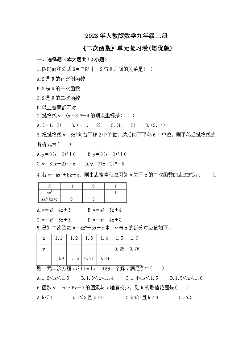 2023年人教版数学九年级上册《二次函数》单元复习卷(培优版)(含答案)01
