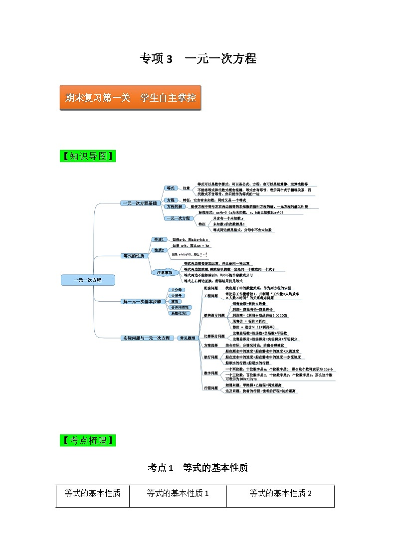 专项3 一元一次方程—2023年人教版七年级上册数学期末考试复习方案(原卷版)第1页
