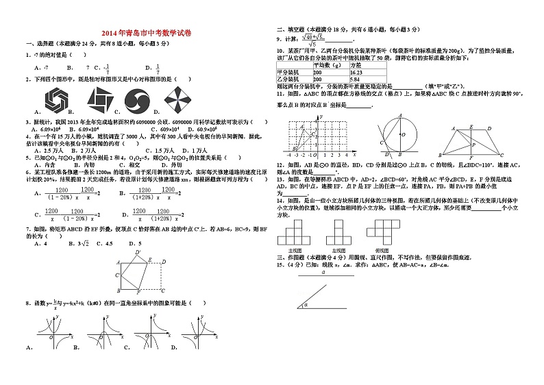 2014年青岛市中考数学试卷和答案第1页