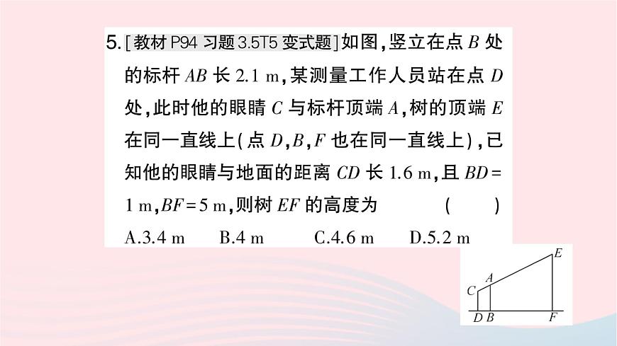 2023九年級(jí)數(shù)學(xué)上冊(cè)第3章圖形的相似3.5相似三角形的應(yīng)用作業(yè)課件新版湘教版第7頁(yè)