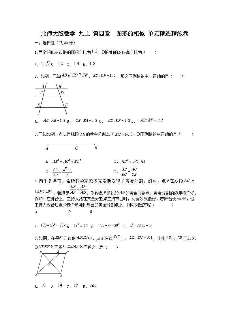 北师大版数学 九上 第四章 图形的相似。单元精选精练卷01